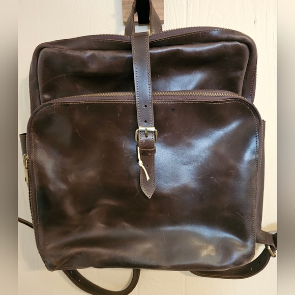 Buxton Dark Brown Leather Backpack Saddlebag Unique Square Shape Gold Hardware main image 4